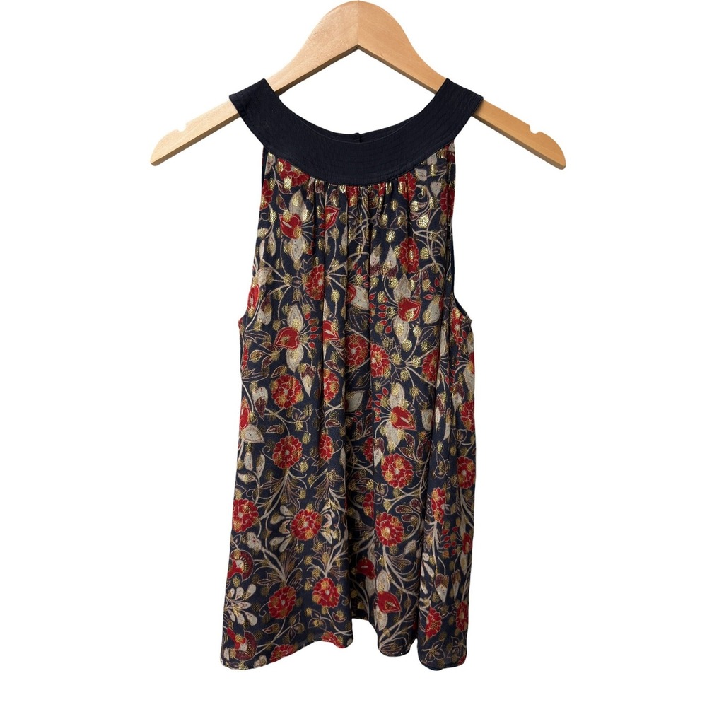 Tory Burch Blouse Womens 4 Navy Blue Silk Metallic Floral Halter Pleated Top EUC